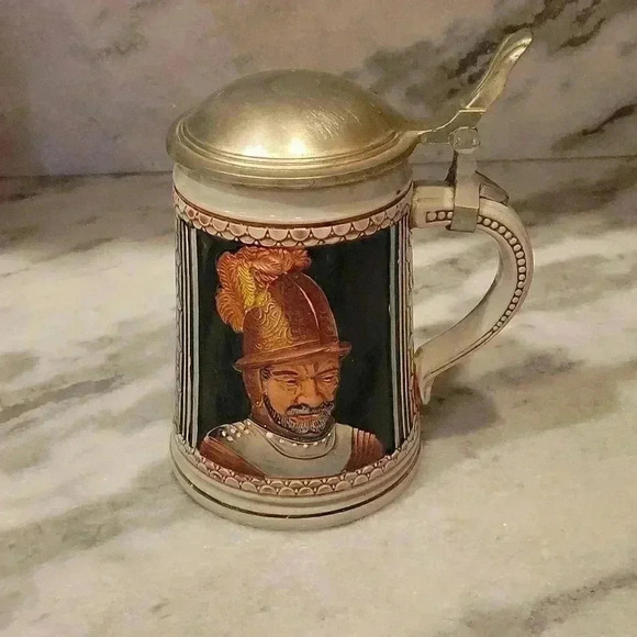 Gerz Handgemalt German Reiter Soldier Pewter Lidded Beer Stein - Picture 1 of 8